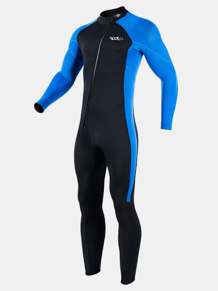 3mm Men's Oblique Front Zipper Long Sleeve One-Piece Blue Full Wetsuit for Sun Protection