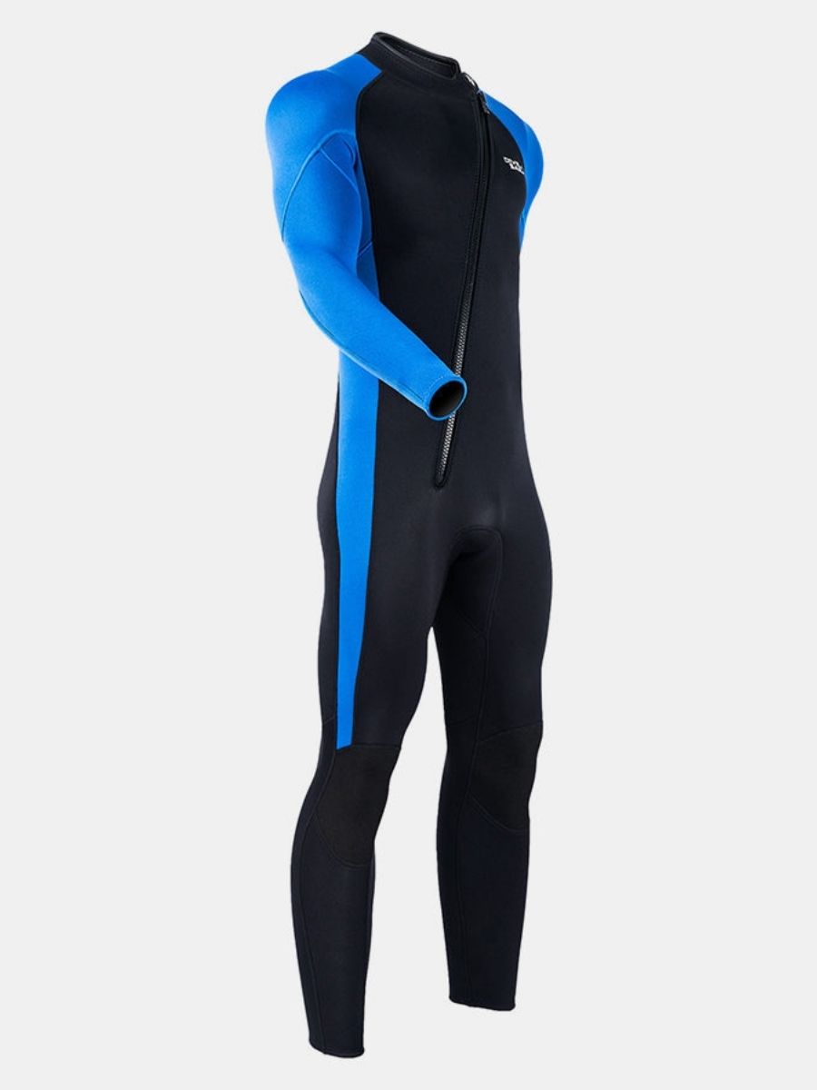 3mm Men's Oblique Front Zipper Long Sleeve One-Piece Blue Full Wetsuit for Sun Protection