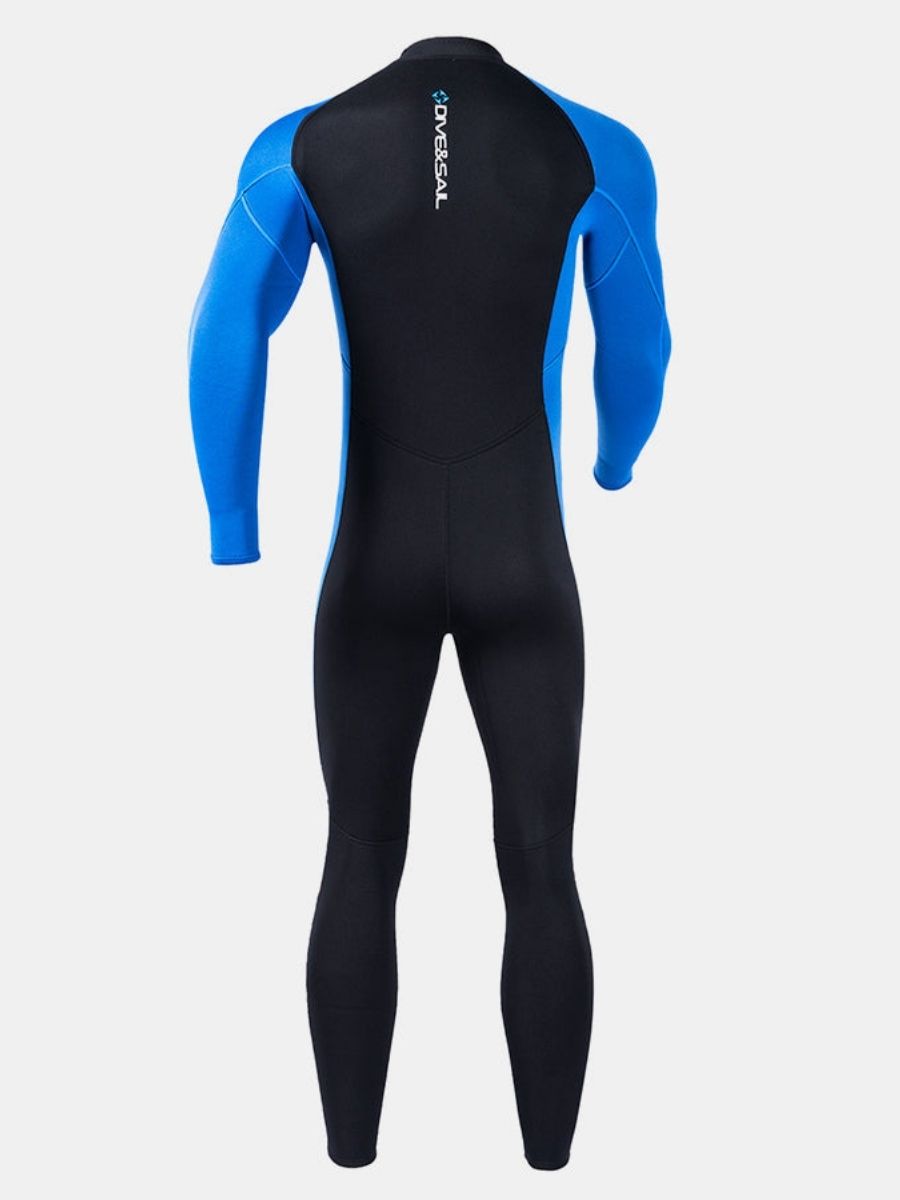 3mm Men's Oblique Front Zipper Long Sleeve One-Piece Blue Full Wetsuit for Sun Protection