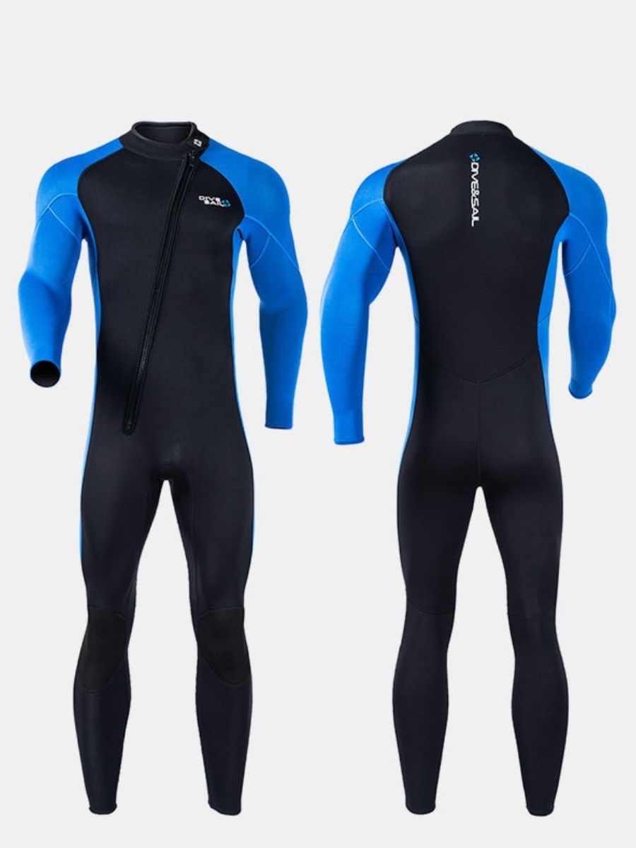 3mm Men's Oblique Front Zipper Long Sleeve One-Piece Blue Full Wetsuit for Sun Protection