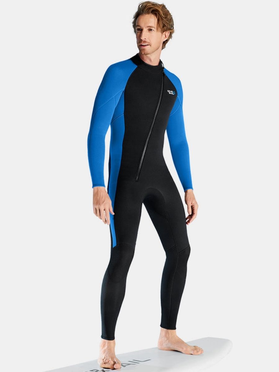 3mm Men's Oblique Front Zipper Long Sleeve One-Piece Blue Full Wetsuit for Sun Protection