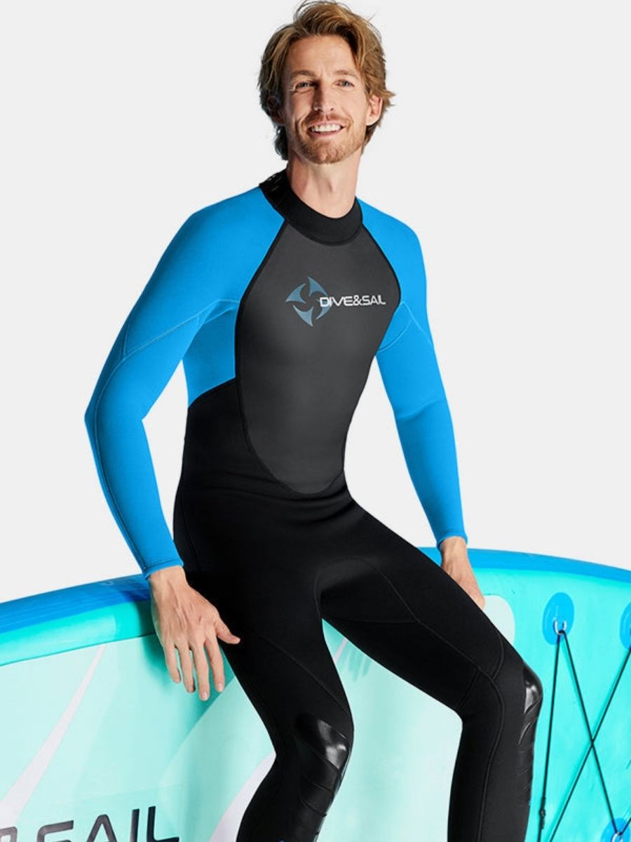 3mm Premium Men's One-Piece Back Zip Warmth and Cold-Proof Blue Full Wetsuit