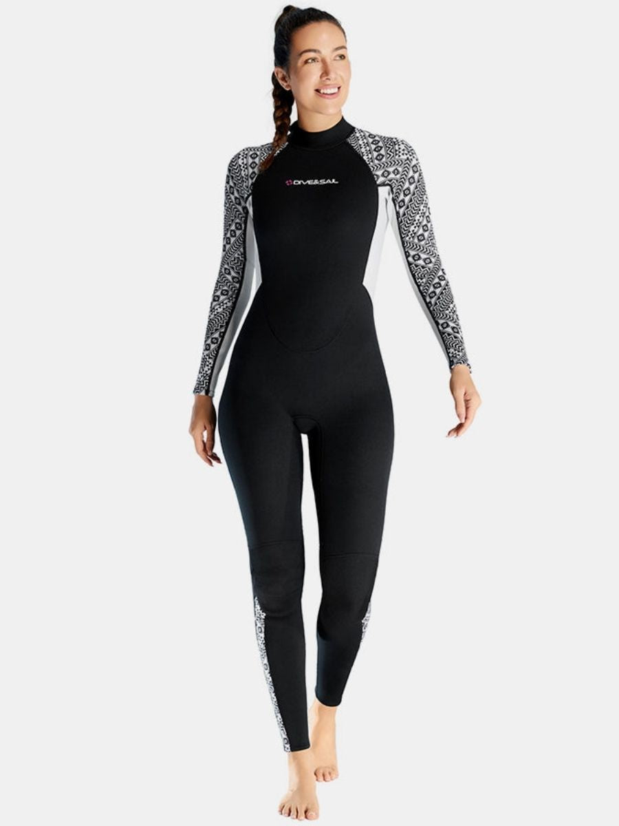 3mm Women's One-Piece Long Sleeve Geometric Pattern Thickened Warm Protective Back Zip Full Wetsuit
