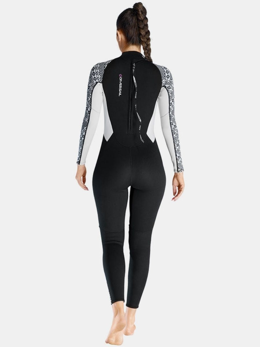 3mm Women's One-Piece Long Sleeve Geometric Pattern Thickened Warm Protective Back Zip Full Wetsuit
