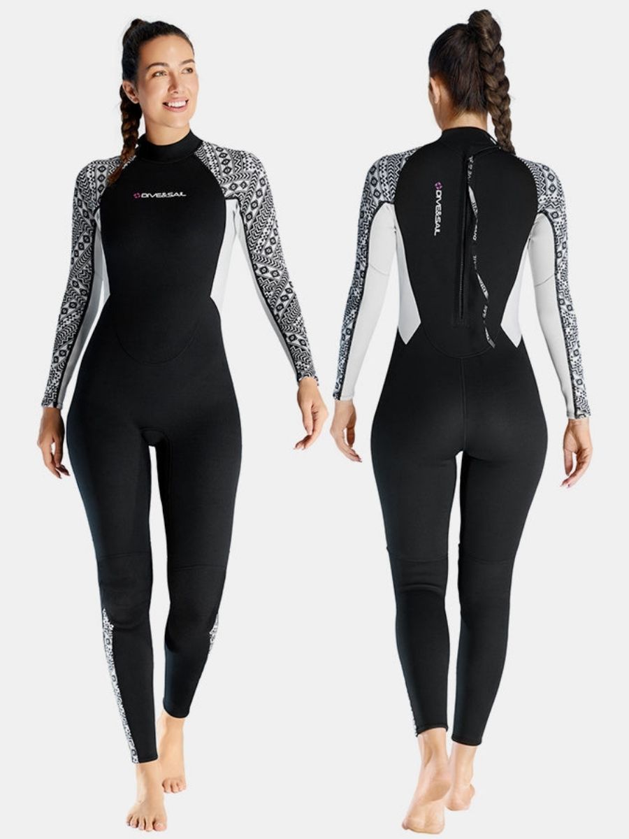 3mm Women's One-Piece Long Sleeve Geometric Pattern Thickened Warm Protective Back Zip Full Wetsuit