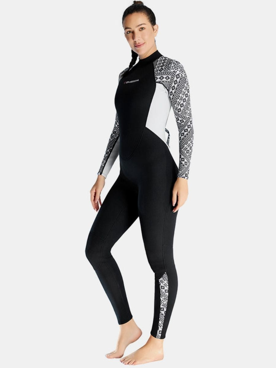 3mm Women's One-Piece Long Sleeve Geometric Pattern Thickened Warm Protective Back Zip Full Wetsuit