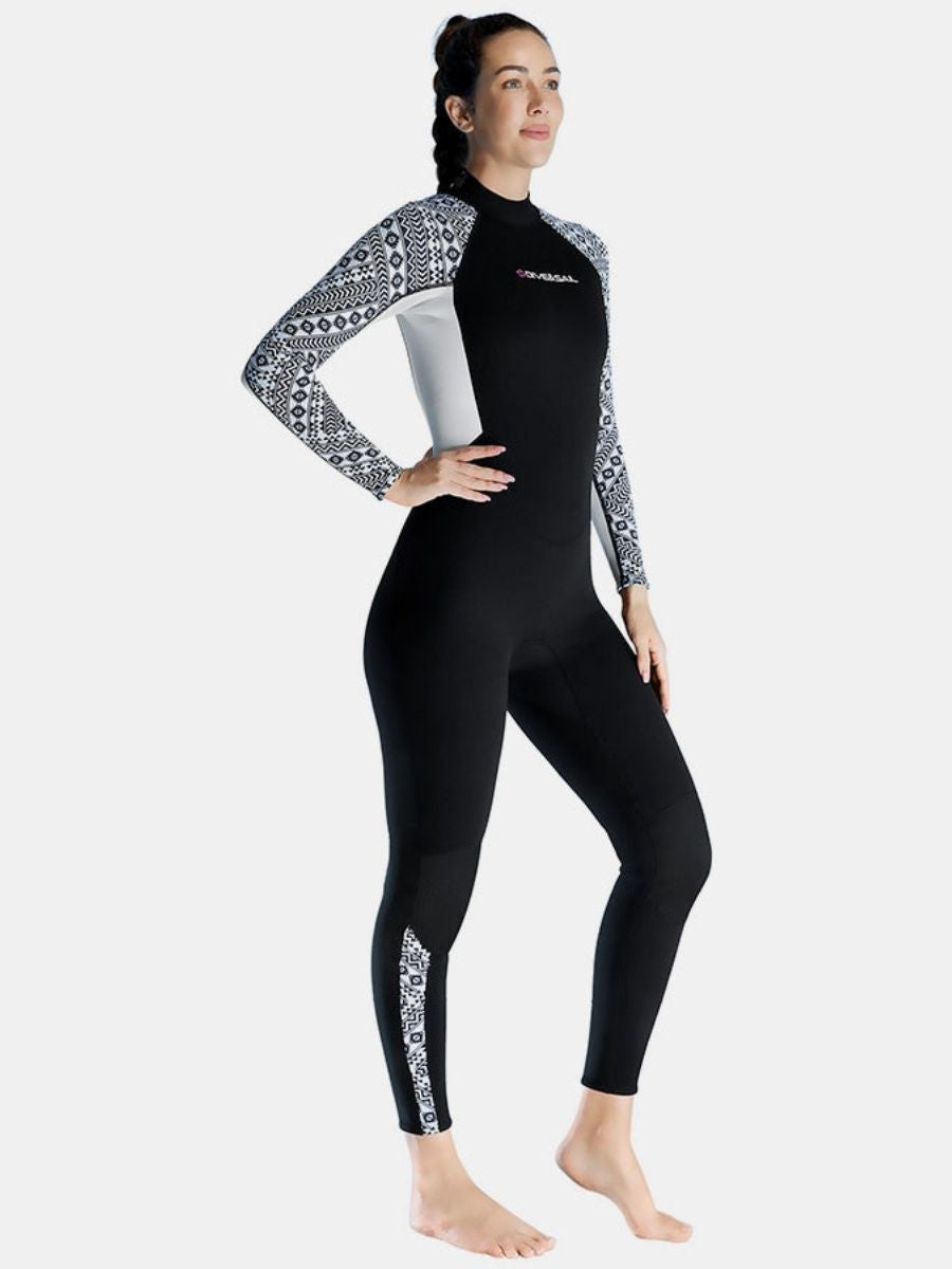 3mm Women's One-Piece Long Sleeve Geometric Pattern Thickened Warm Protective Back Zip Full Wetsuit