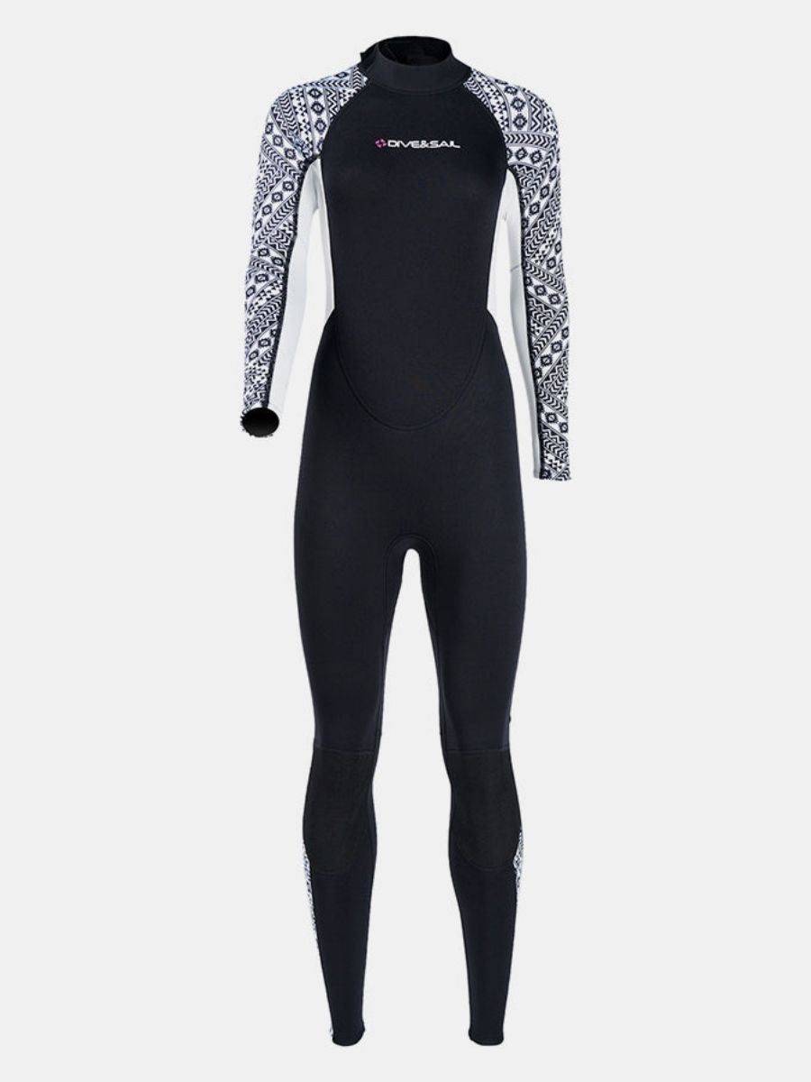3mm Women's One-Piece Long Sleeve Geometric Pattern Thickened Warm Protective Back Zip Full Wetsuit