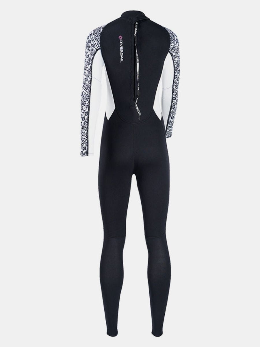 3mm Women's One-Piece Long Sleeve Geometric Pattern Thickened Warm Protective Back Zip Full Wetsuit