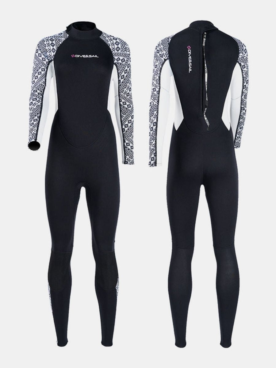 3mm Women's One-Piece Long Sleeve Geometric Pattern Thickened Warm Protective Back Zip Full Wetsuit
