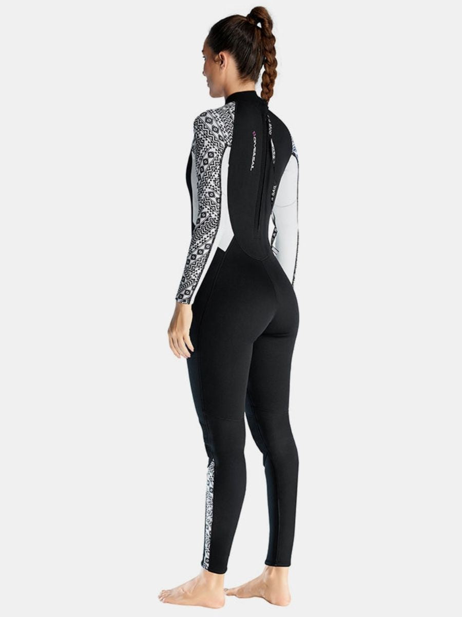 3mm Women's One-Piece Long Sleeve Geometric Pattern Thickened Warm Protective Back Zip Full Wetsuit
