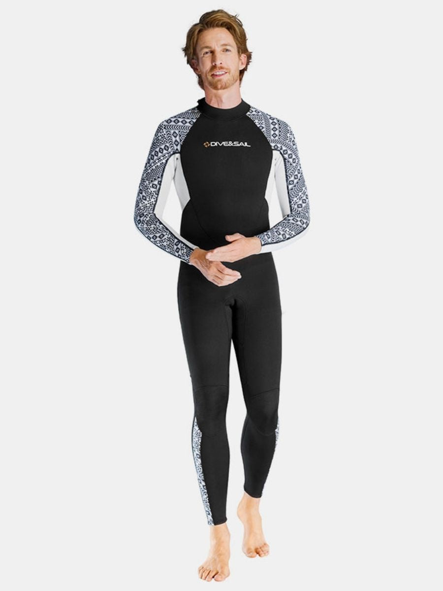 3mm Men's One-Piece Long Sleeve Geometric Pattern Thickened Warm Protective Back Zip Full Wetsuit