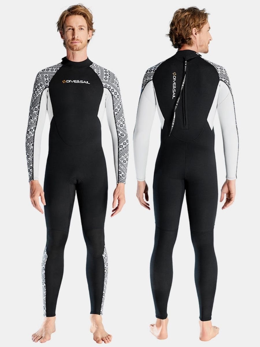 3mm Men's One-Piece Long Sleeve Geometric Pattern Thickened Warm Protective Back Zip Full Wetsuit