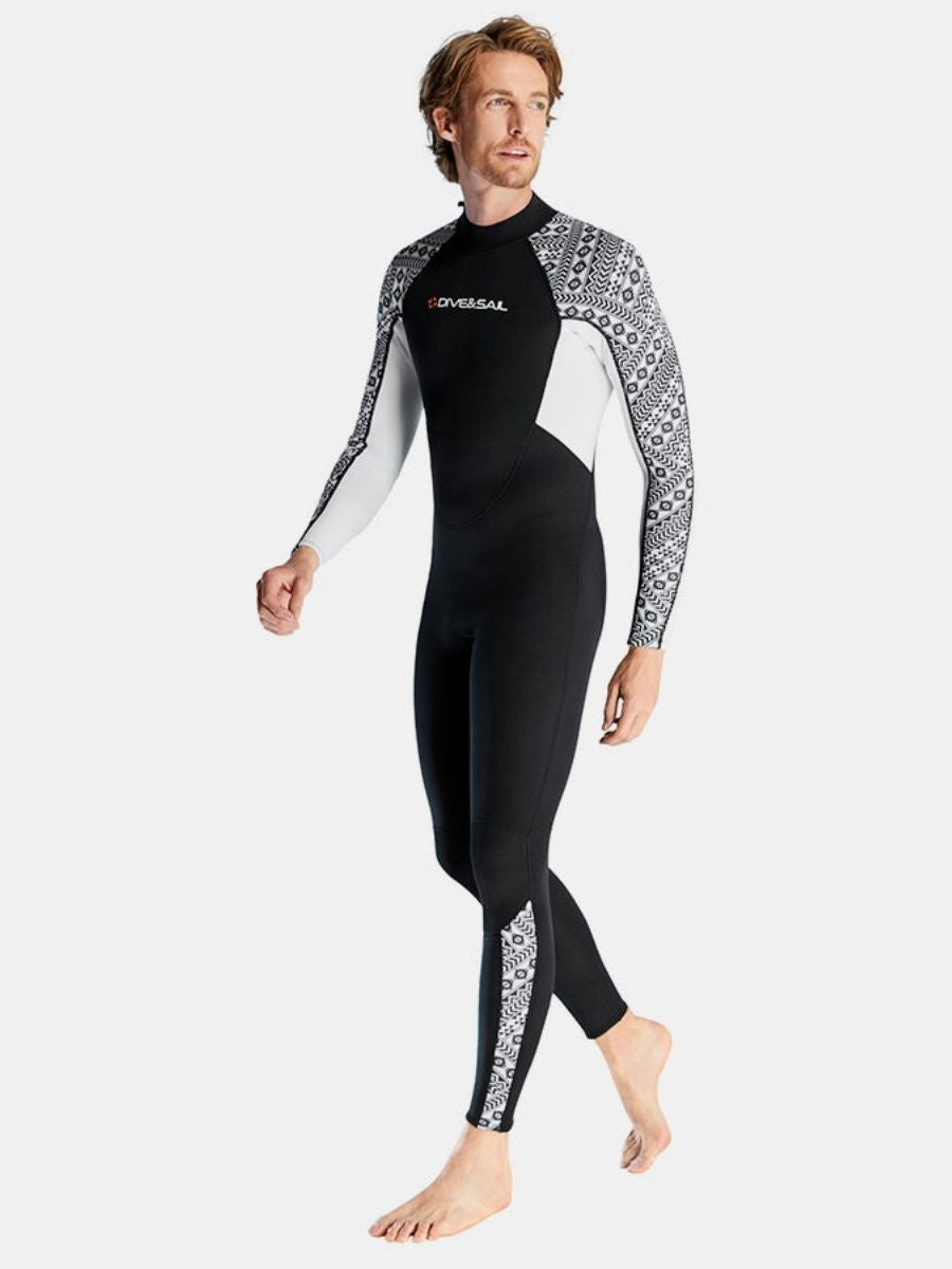 3mm Men's One-Piece Long Sleeve Geometric Pattern Thickened Warm Protective Back Zip Full Wetsuit