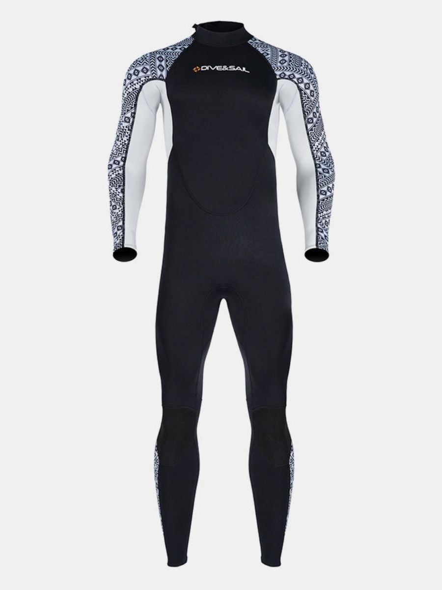3mm Men's One-Piece Long Sleeve Geometric Pattern Thickened Warm Protective Back Zip Full Wetsuit