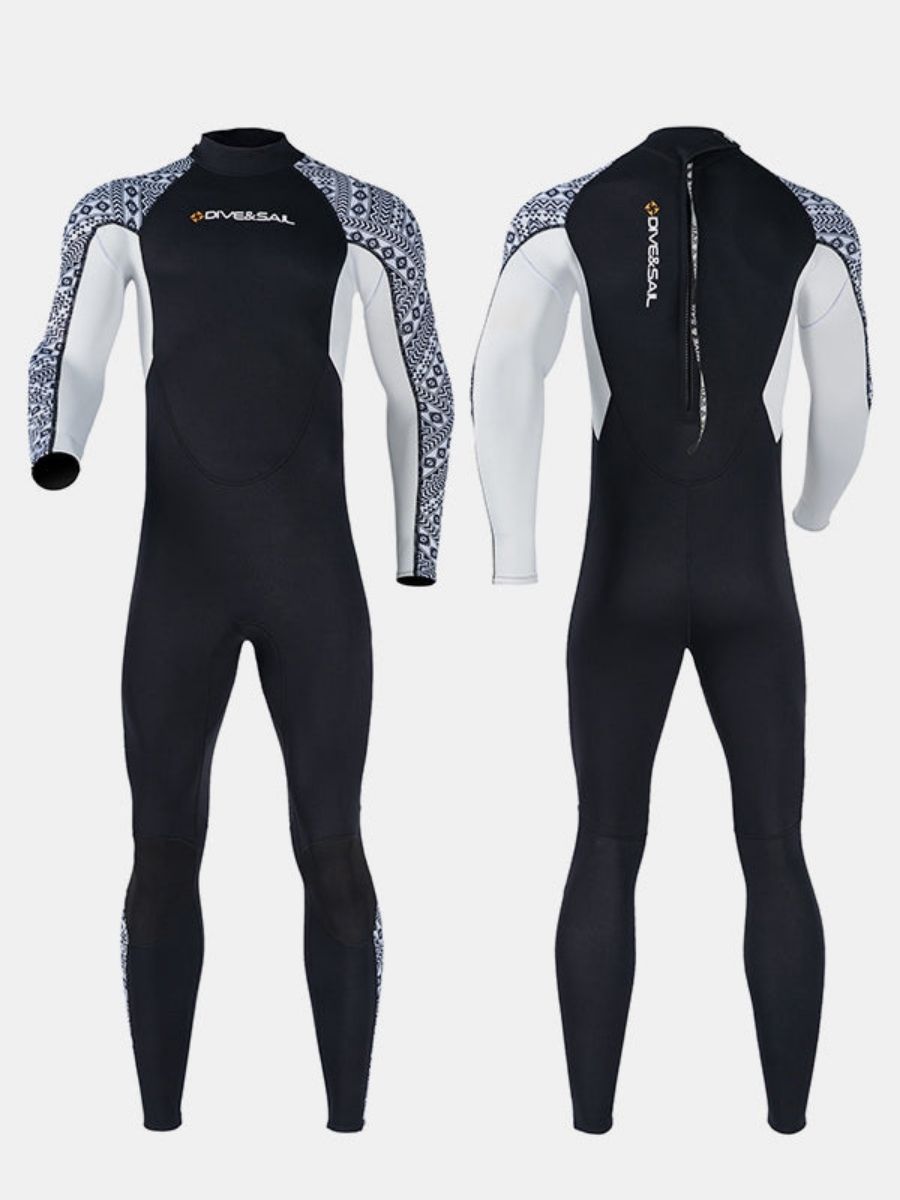 3mm Men's One-Piece Long Sleeve Geometric Pattern Thickened Warm Protective Back Zip Full Wetsuit