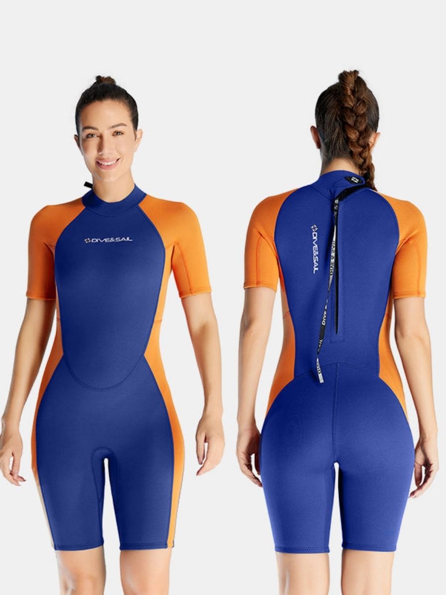 1.5mm Women's Navy Blue Short Sleeve One-Piece Warm And Cold-Proof Back Zip Shortie Wetsuit