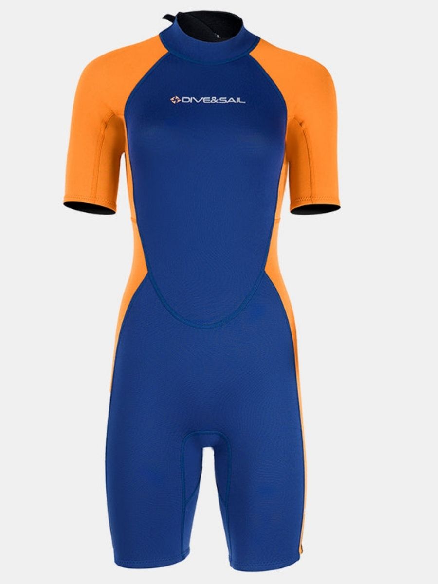 1.5mm Women's Navy Blue Short Sleeve One-Piece Warm And Cold-Proof Back Zip Shortie Wetsuit