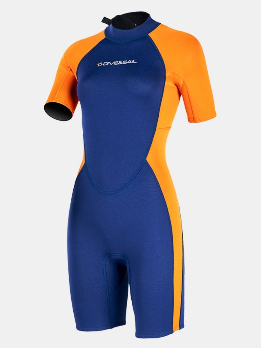 1.5mm Women's Navy Blue Short Sleeve One-Piece Warm And Cold-Proof Back Zip Shortie Wetsuit