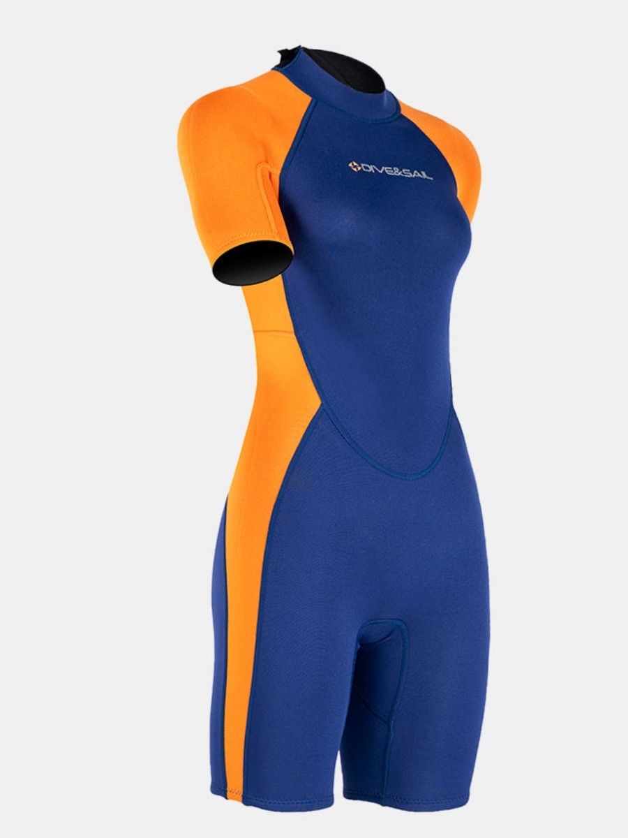 1.5mm Women's Navy Blue Short Sleeve One-Piece Warm And Cold-Proof Back Zip Shortie Wetsuit