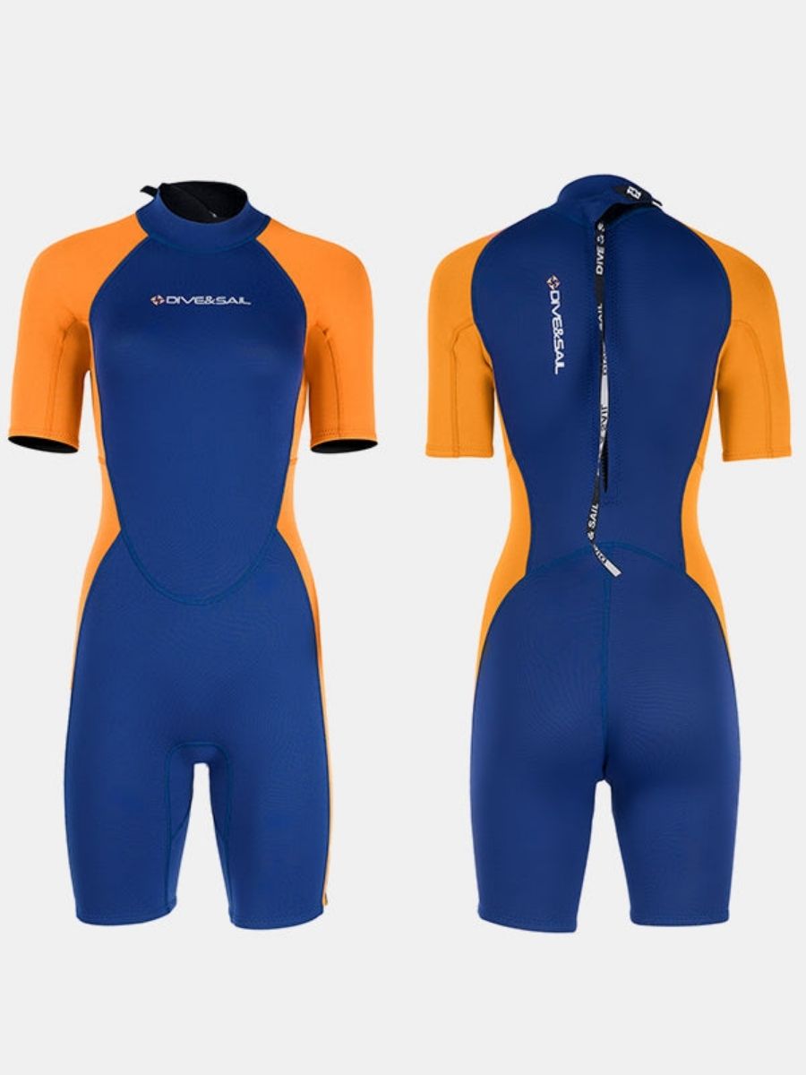 1.5mm Women's Navy Blue Short Sleeve One-Piece Warm And Cold-Proof Back Zip Shortie Wetsuit