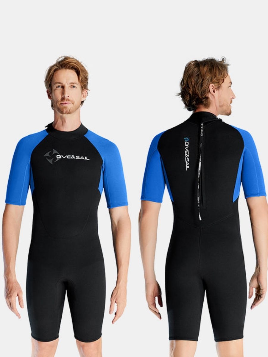 1.5mm Men's Blue Short Sleeve One-piece Back Zip Shortie Wetsuit for Warmth and Cold Protection