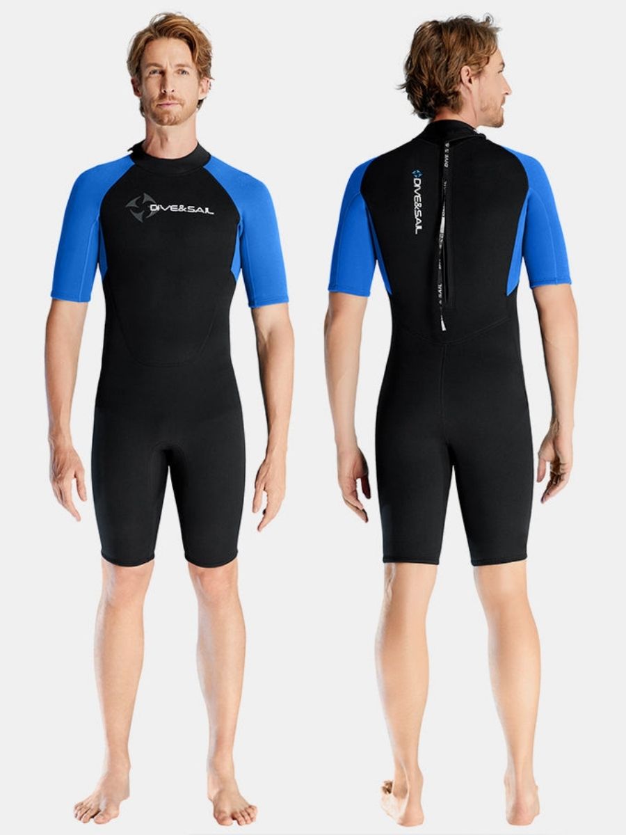 1.5mm Men's Blue Short Sleeve One-piece Back Zip Shortie Wetsuit for Warmth and Cold Protection