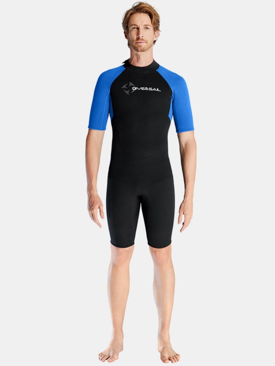 1.5mm Men's Blue Short Sleeve One-piece Back Zip Shortie Wetsuit for Warmth and Cold Protection
