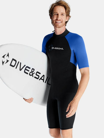 1.5mm Men's Blue Short Sleeve One-piece Back Zip Shortie Wetsuit for Warmth and Cold Protection