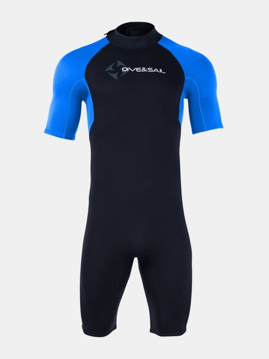 1.5mm Men's Blue Short Sleeve One-piece Back Zip Shortie Wetsuit for Warmth and Cold Protection