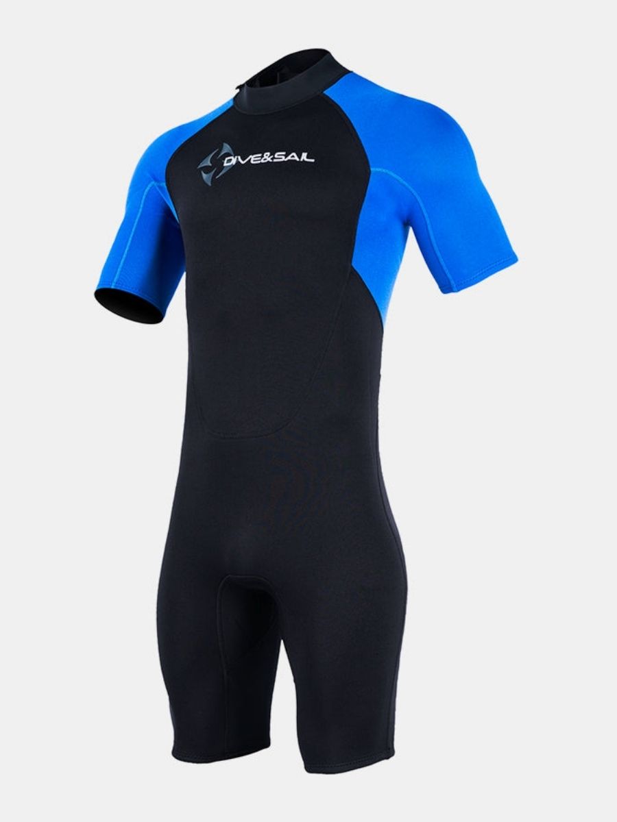 1.5mm Men's Blue Short Sleeve One-piece Back Zip Shortie Wetsuit for Warmth and Cold Protection
