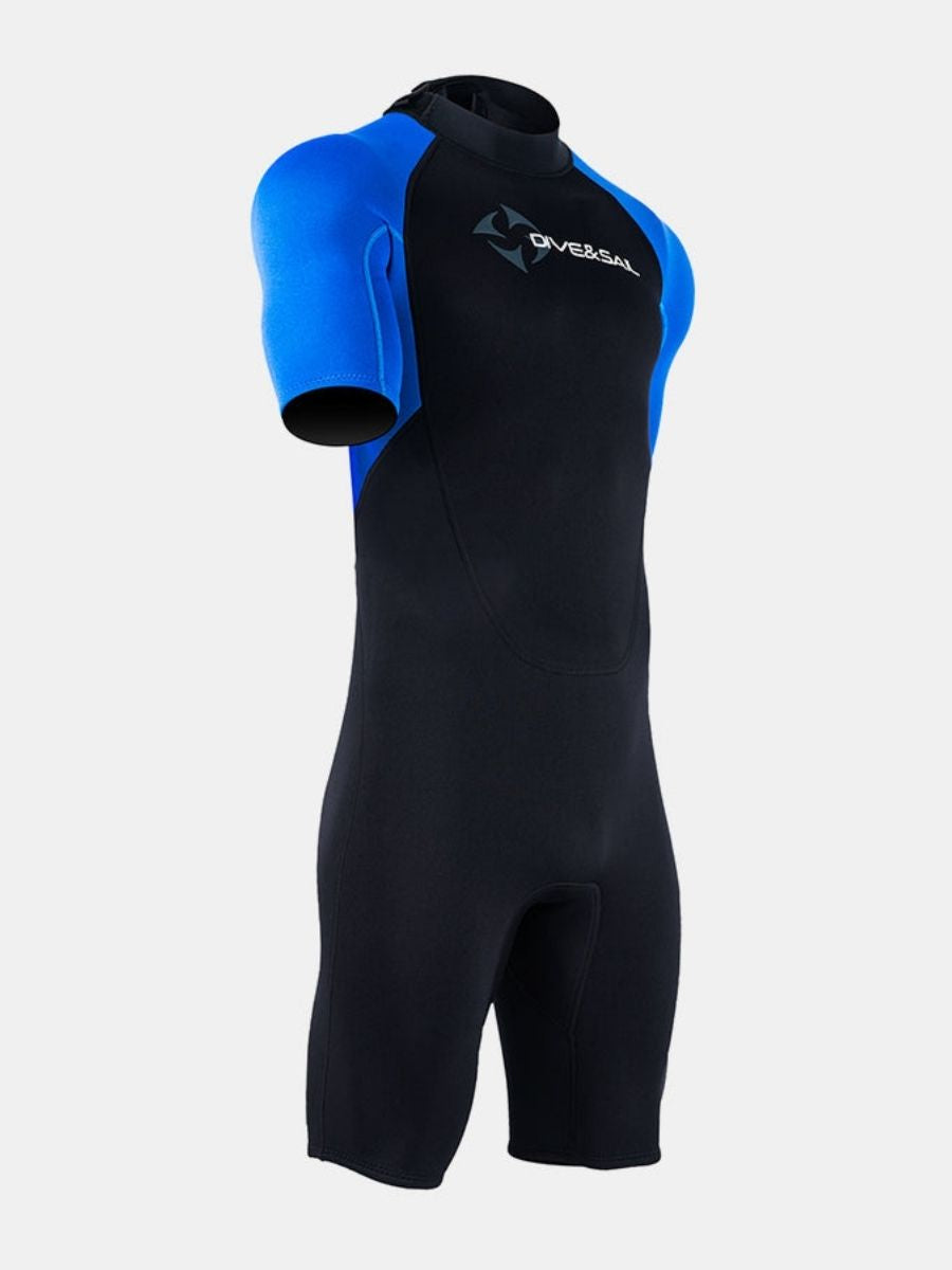 1.5mm Men's Blue Short Sleeve One-piece Back Zip Shortie Wetsuit for Warmth and Cold Protection