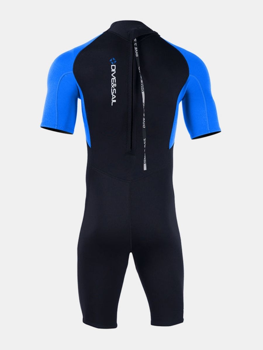 1.5mm Men's Blue Short Sleeve One-piece Back Zip Shortie Wetsuit for Warmth and Cold Protection