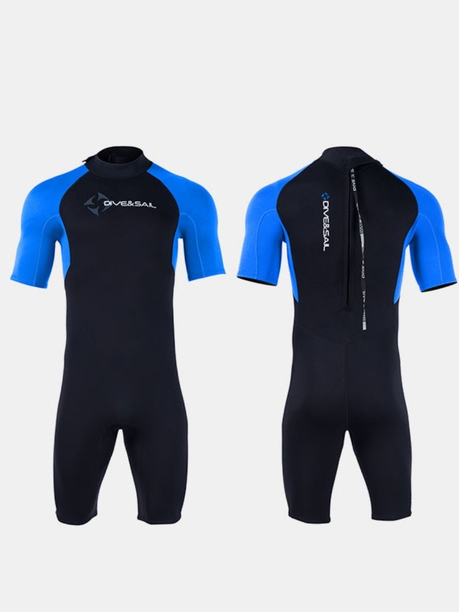1.5mm Men's Blue Short Sleeve One-piece Back Zip Shortie Wetsuit for Warmth and Cold Protection
