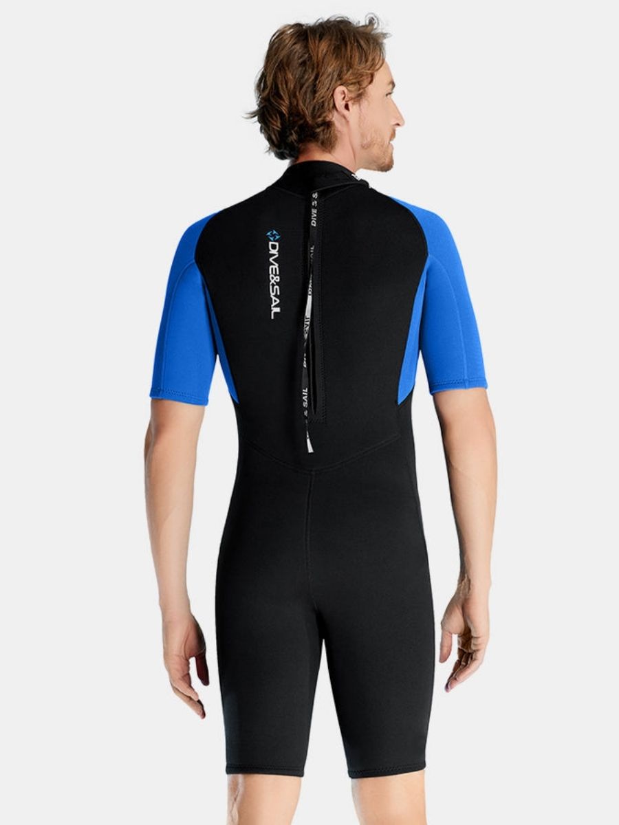 1.5mm Men's Blue Short Sleeve One-piece Back Zip Shortie Wetsuit for Warmth and Cold Protection