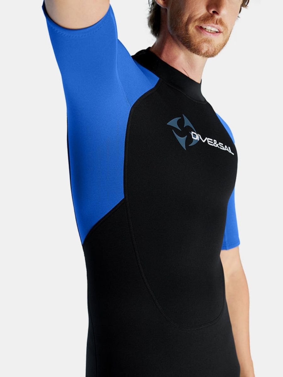 1.5mm Men's Blue Short Sleeve One-piece Back Zip Shortie Wetsuit for Warmth and Cold Protection