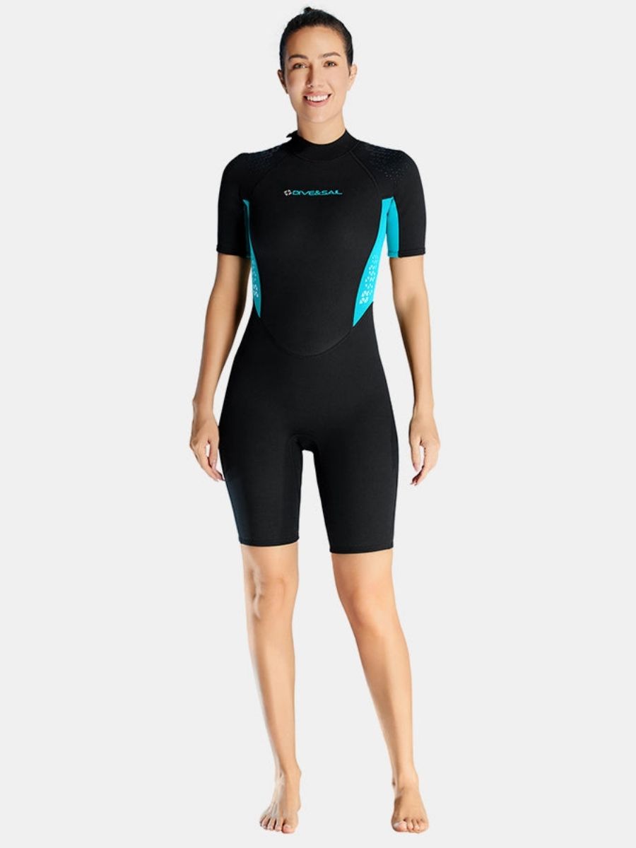 1.5mm Women's One-piece Short Sleeve Cold-Proof And Warm Blue Back Zip Shortie Wetsuit