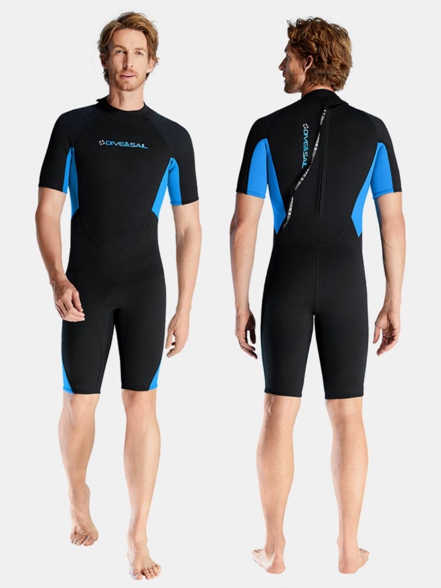 1.5mm Men's Short Sleeve Blue Cold-Proof and Warm One-piece Back Zip Shortie Wetsuit