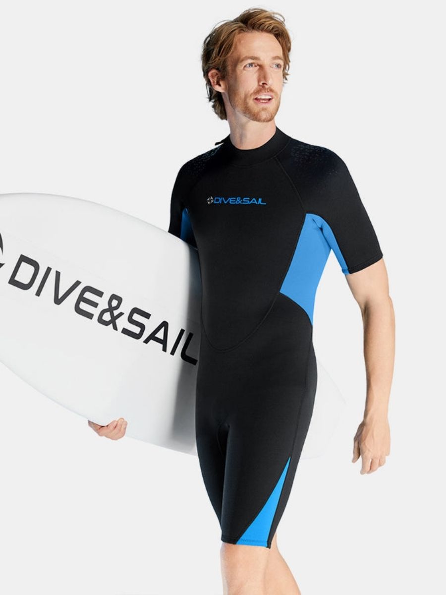 1.5mm Men's Short Sleeve Blue Cold-Proof and Warm One-piece Back Zip Shortie Wetsuit