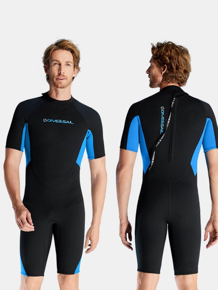 3mm Men's Blue Short Sleeve One-piece Warm Back Zip Shortie Wetsuit