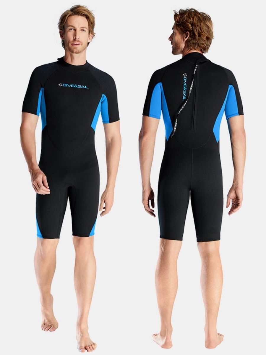 3mm Men's Blue Short Sleeve One-piece Warm Back Zip Shortie Wetsuit