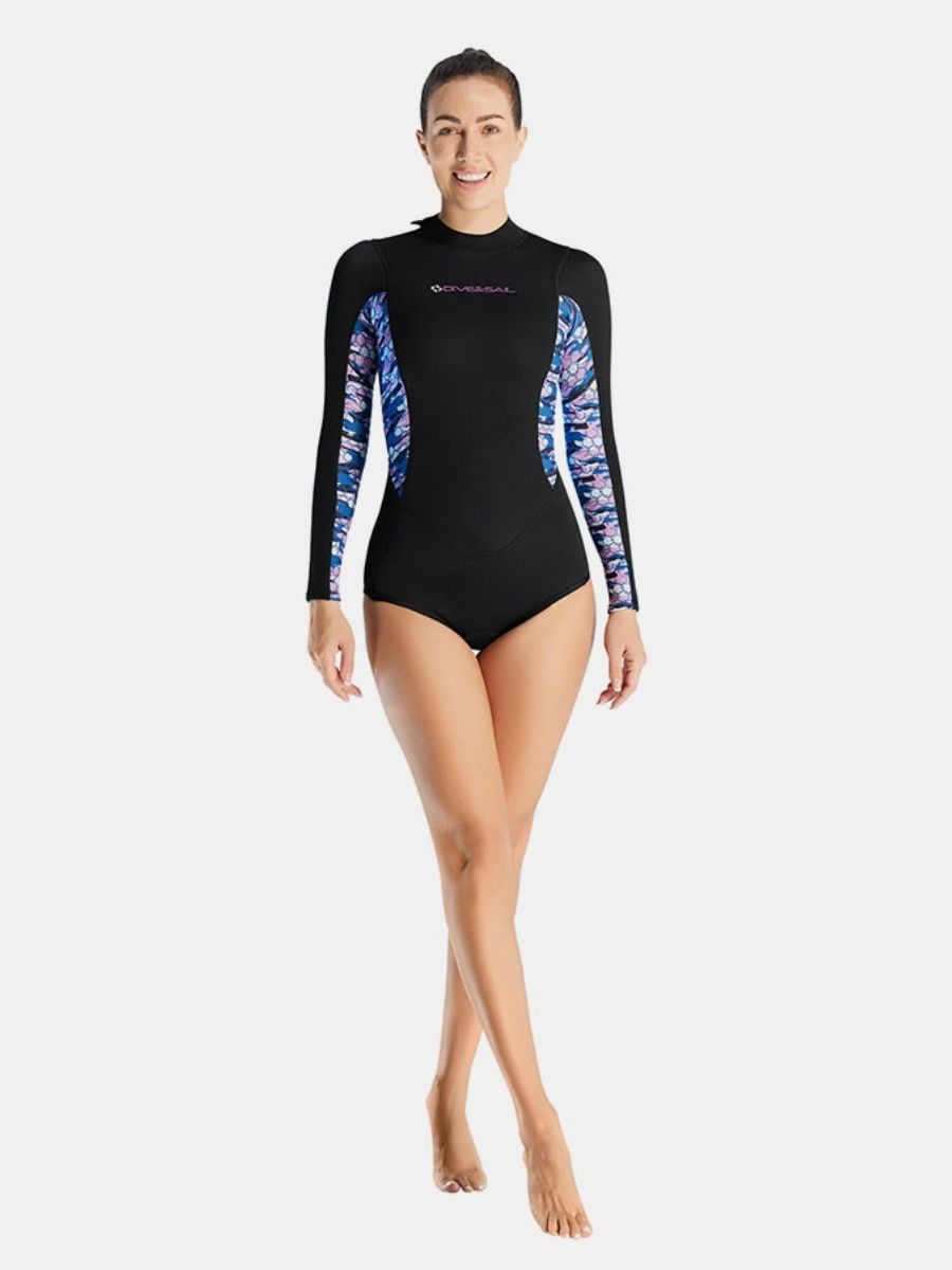 2mm Women's One-Piece Printed Long Sleeve Back Zip Shorty Wetsuit