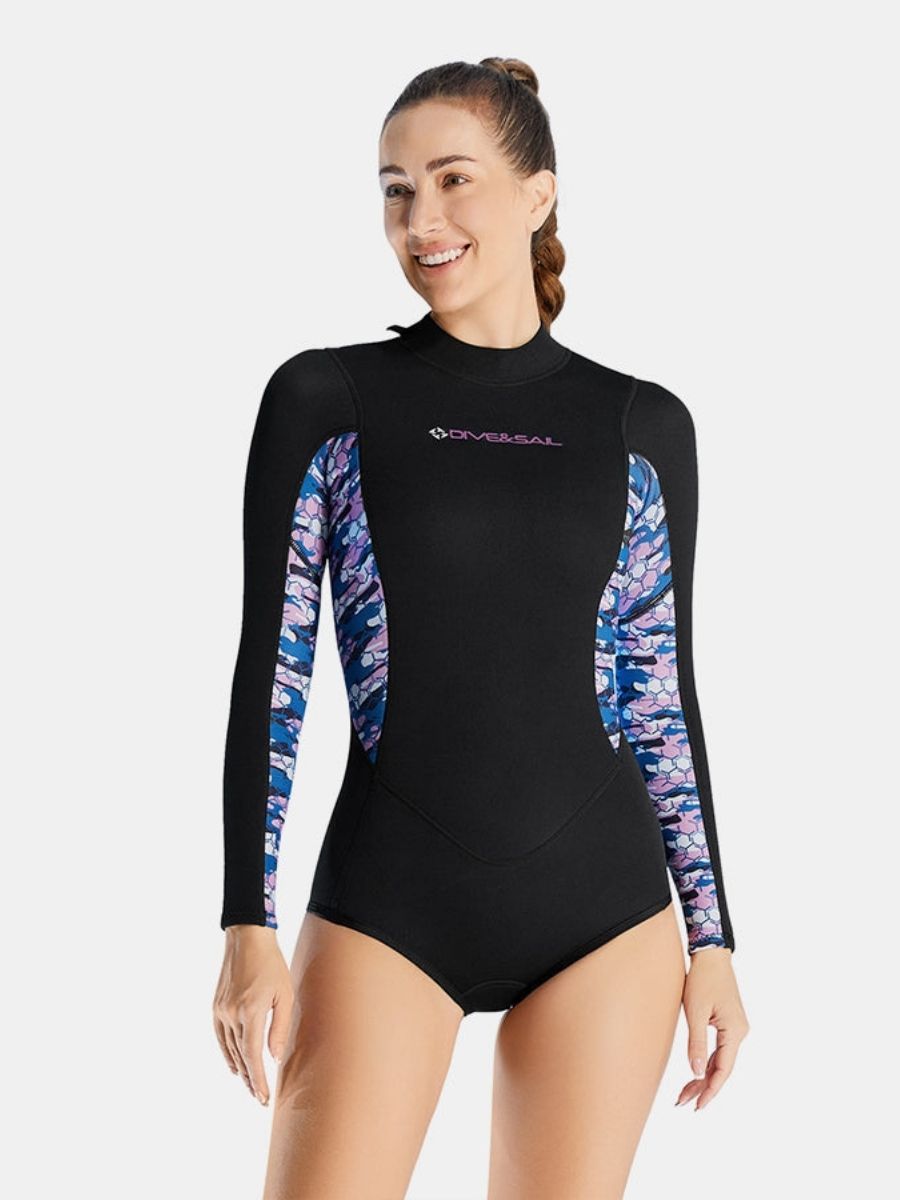 2mm Women's One-Piece Printed Long Sleeve Back Zip Shorty Wetsuit