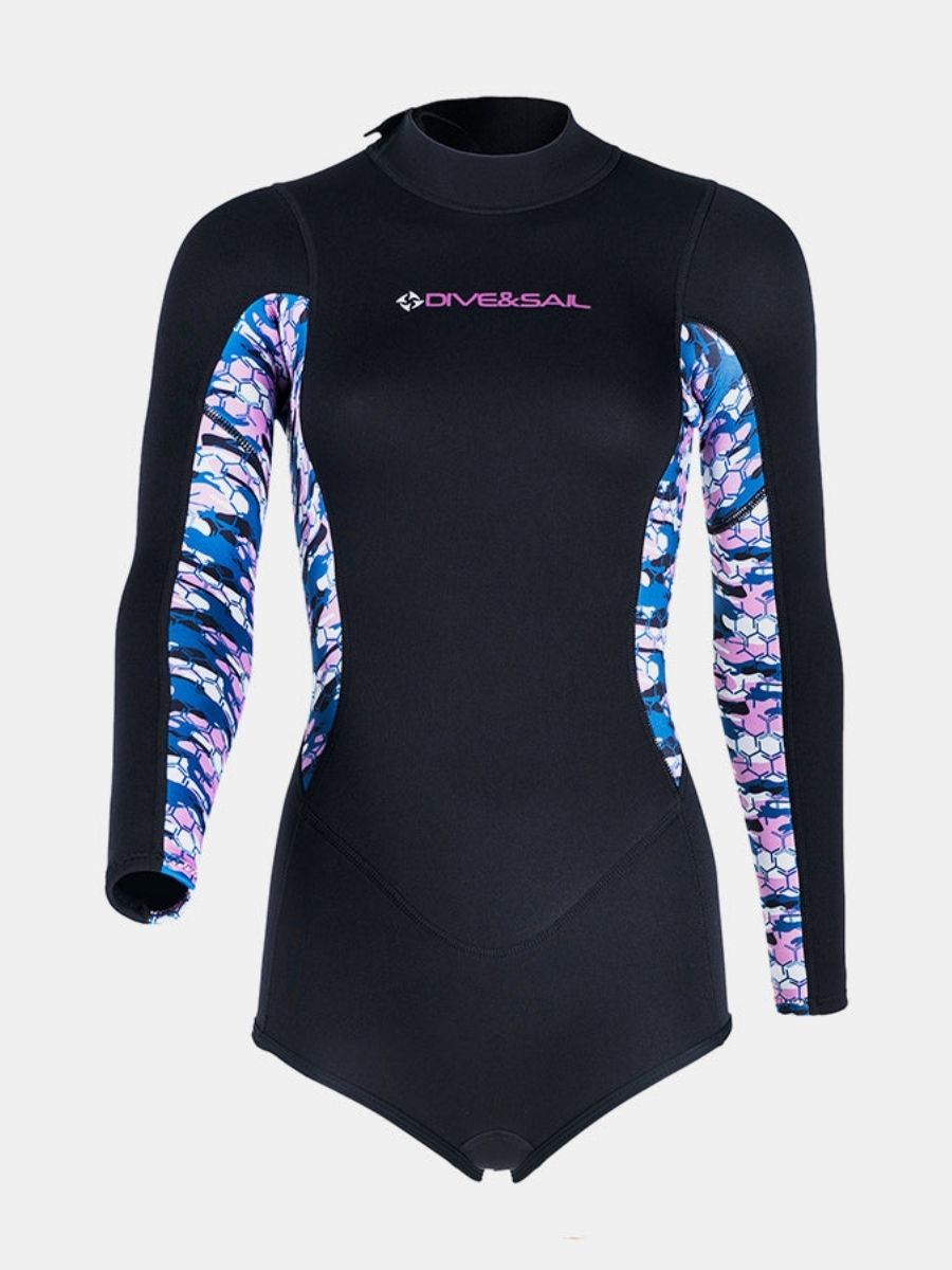 2mm Women's One-Piece Printed Long Sleeve Back Zip Shorty Wetsuit