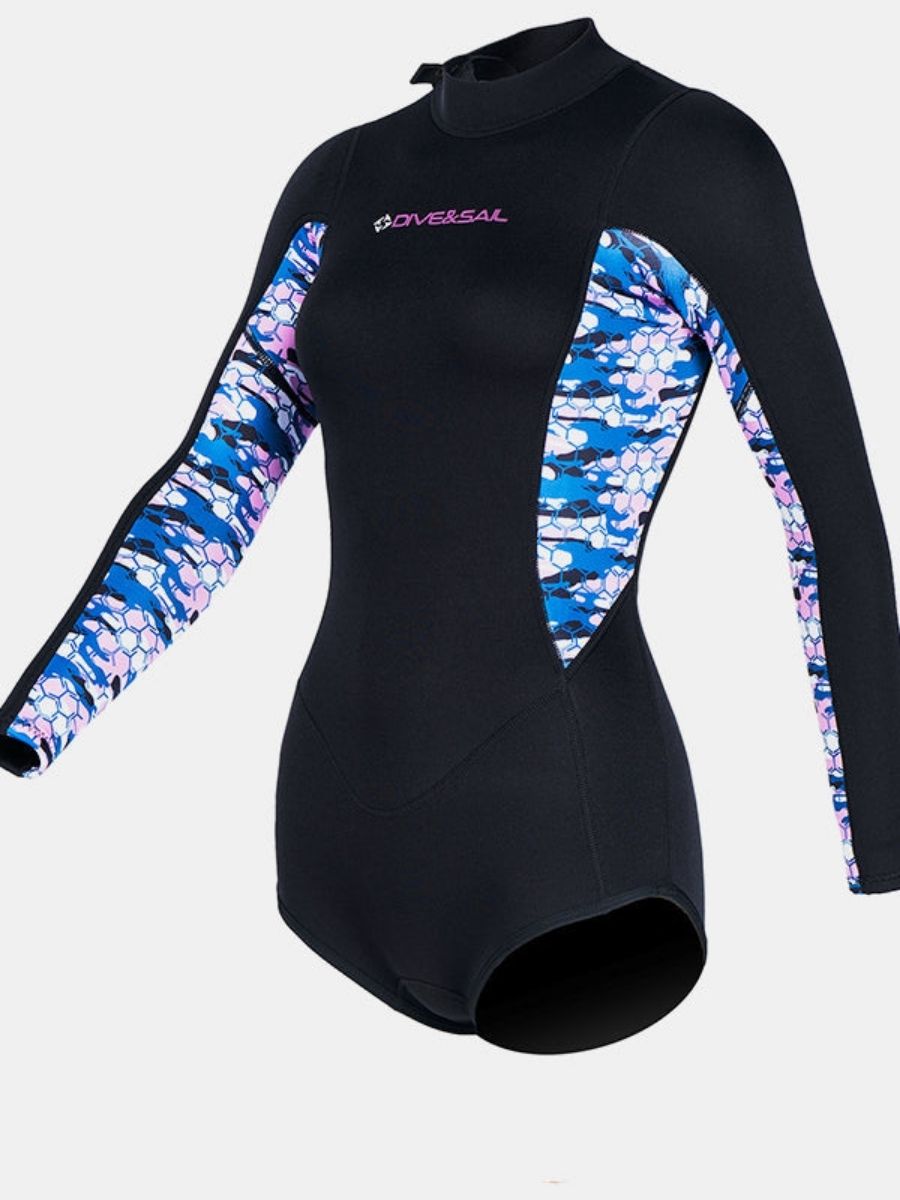 2mm Women's One-Piece Printed Long Sleeve Back Zip Shorty Wetsuit