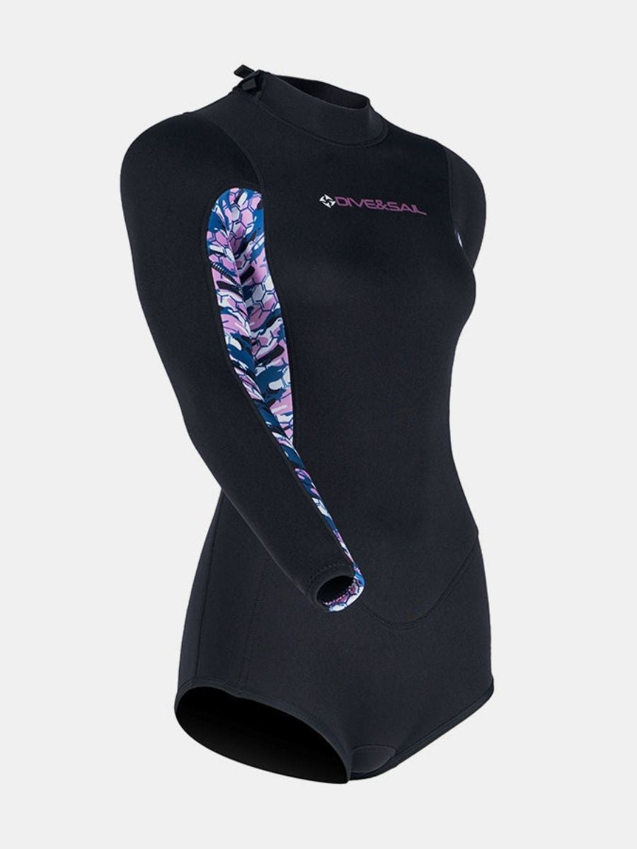 2mm Women's One-Piece Printed Long Sleeve Back Zip Shorty Wetsuit