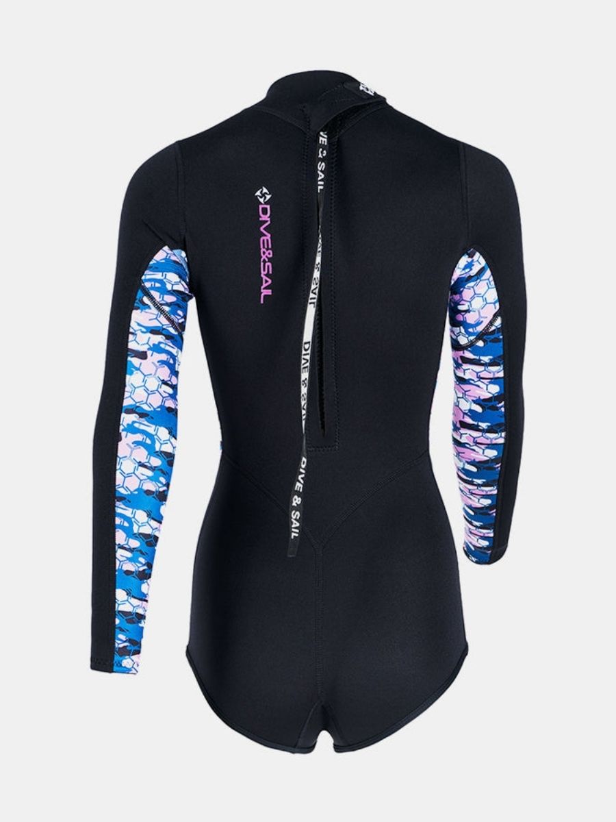 2mm Women's One-Piece Printed Long Sleeve Back Zip Shorty Wetsuit