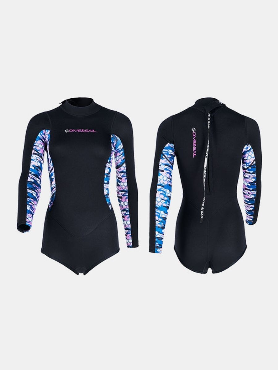 2mm Women's One-Piece Printed Long Sleeve Back Zip Shorty Wetsuit