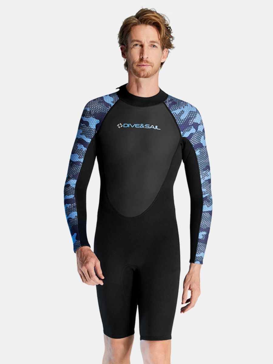 2mm Men's Thickened Warm Long Sleeve Short One-Piece Back Zip Shorty Wetsuit
