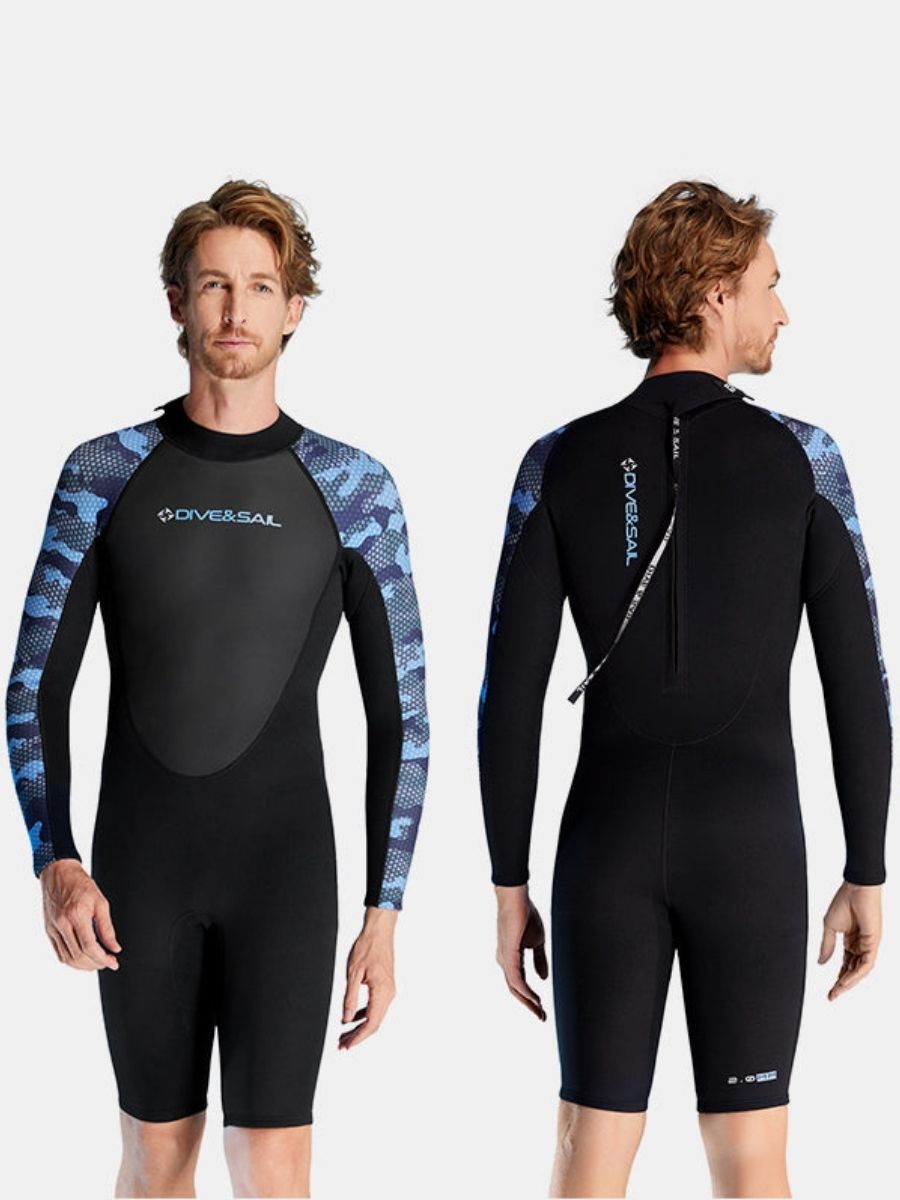 2mm Men's Thickened Warm Long Sleeve Short One-Piece Back Zip Shorty Wetsuit